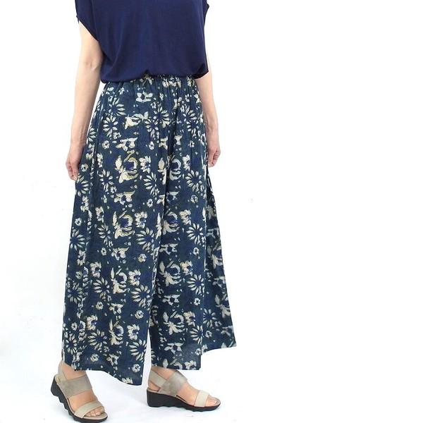 インド綿　ワンドパンツ　ロング丈　ブロックプリント　草木染　藍染　バグルー　涼しい　ARS-526 | 3枚目