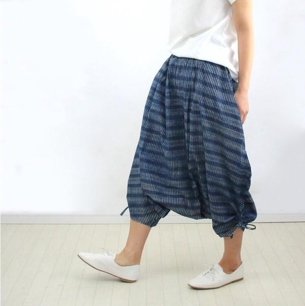草木染め 藍染 ブロックプリント インド綿 サルエルパンツ ウエストゴム 涼 個性的 エスニック　MVL-1008 | 4枚目